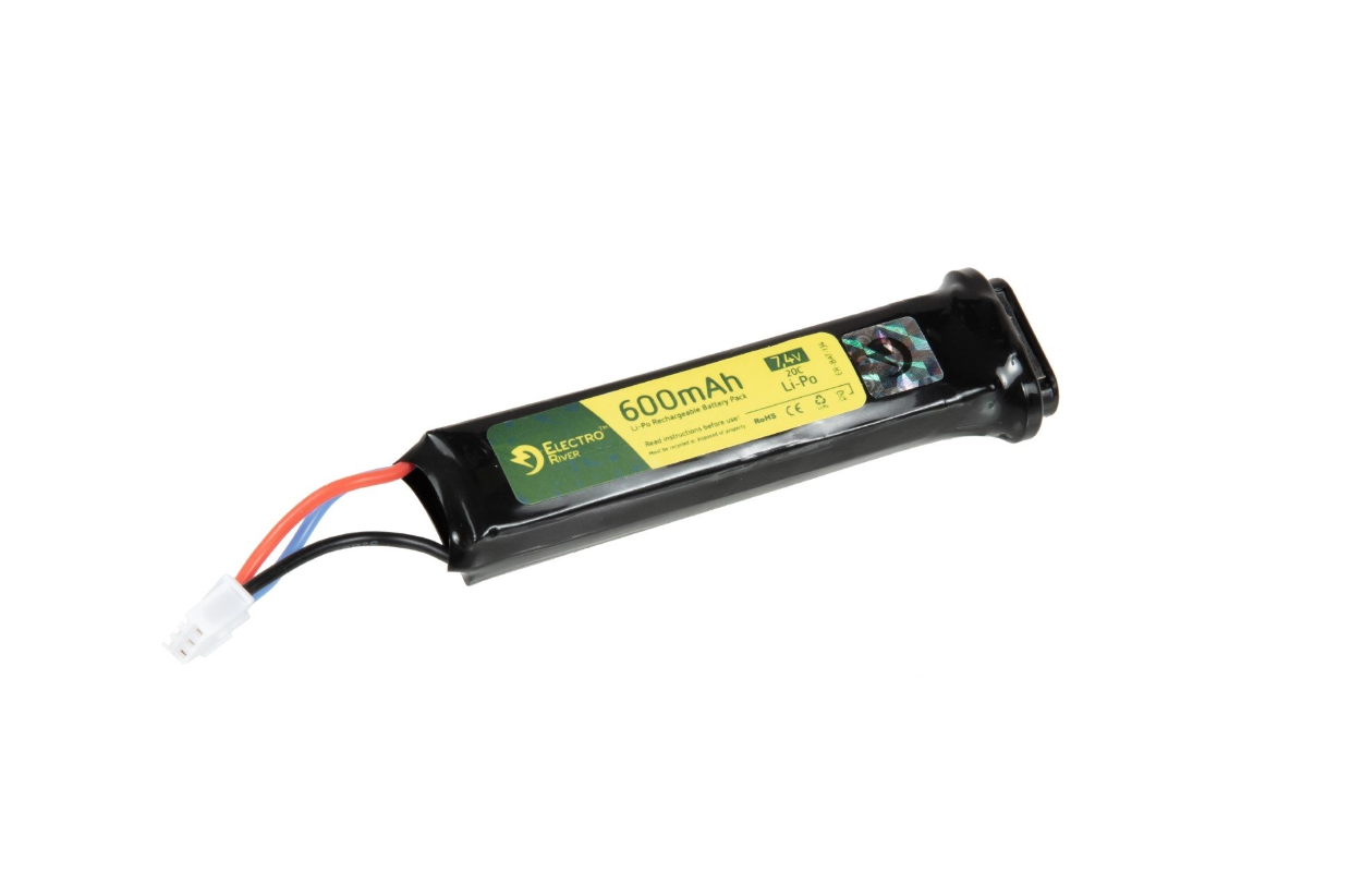LiPo-Akku 7.4V, 600mAh für Airsoft, schwarzes Gehäuse, rote, blaue und schwarze Kabel mit weißem Steckverbinder.