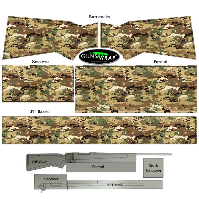 GunsWrap Rifle Skins Tarnmuster-Gewehrfolie für Schaft, Vorderschaft, Lauf und Gehäuse. GunsWrap-Logo in der Mitte.