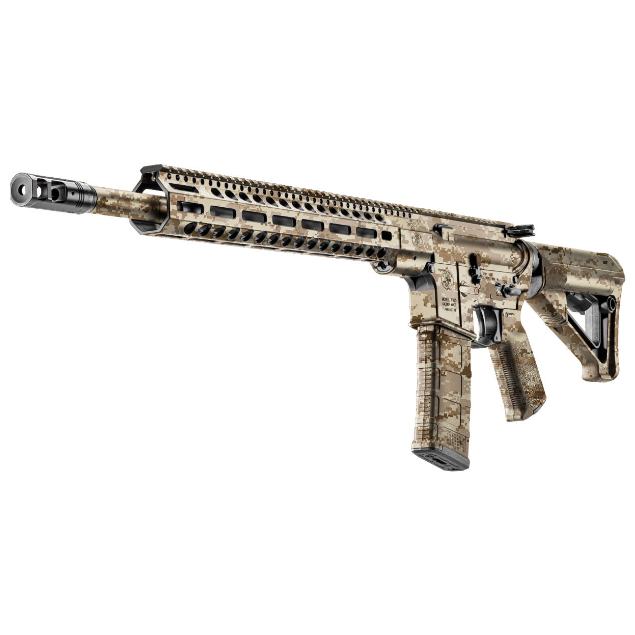 Airsoft-Gewehr mit Digitaltarnmuster, länglicher Handguard, taktischer Griff und Magazin in Wüstenfarben.