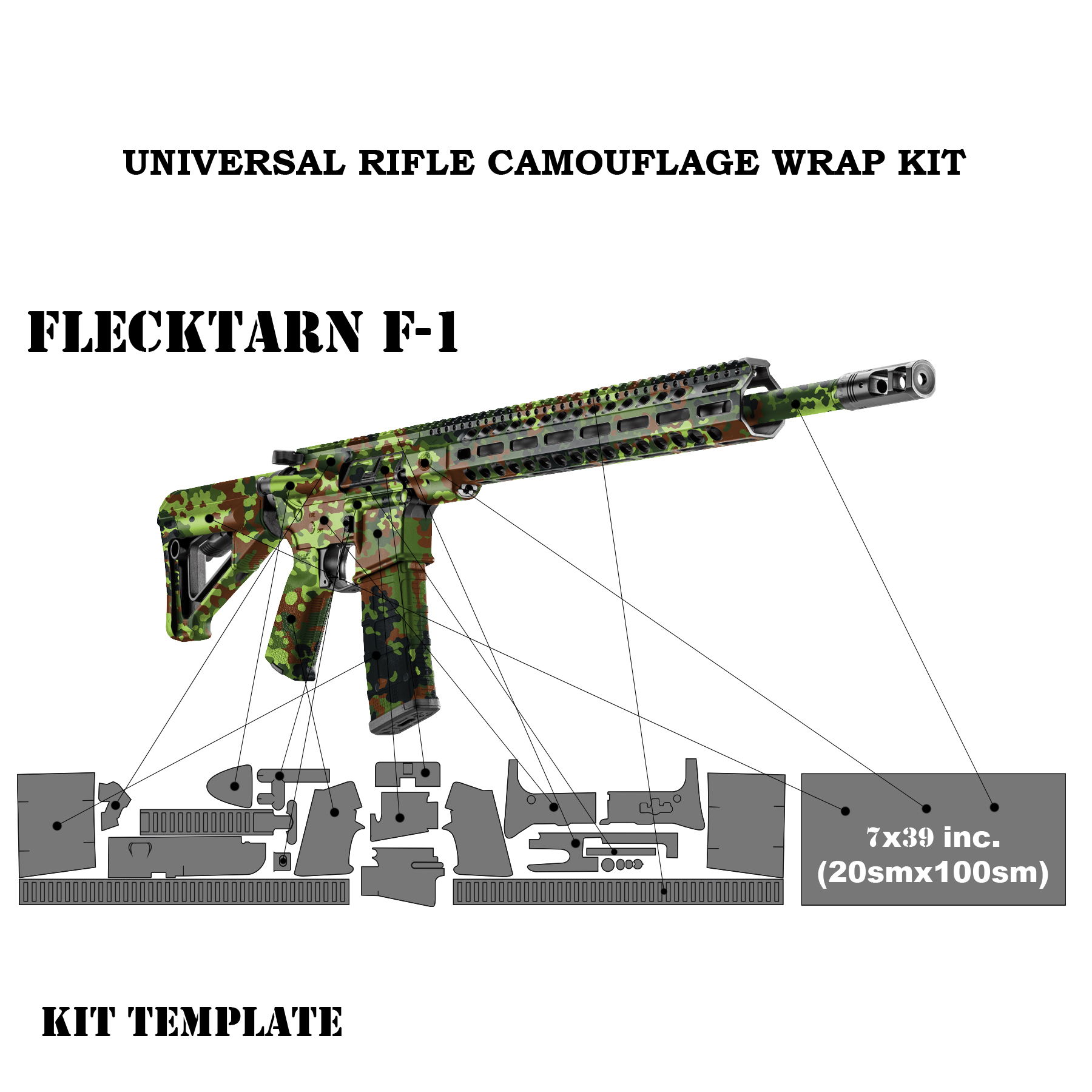 GunsWrap AR15 / M4 Rifle Skins Tarnmusterfolie Flecktarn für Gewehre, zeigt Kit-Vorlage mit Abmessungen.