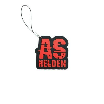 Schwarzer Schlüsselanhänger mit rotem "AS Helden" Schriftzug und Schlaufe.
