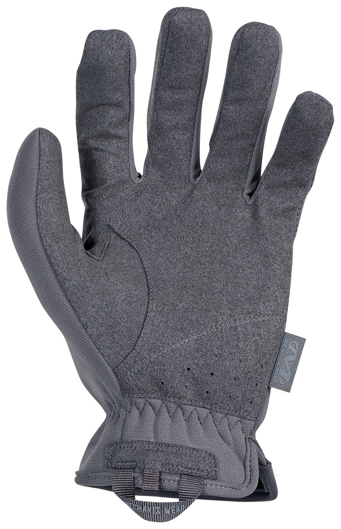 Grauer taktischer Handschuh, verstellbar am Handgelenk, für Airsoft geeignet.
