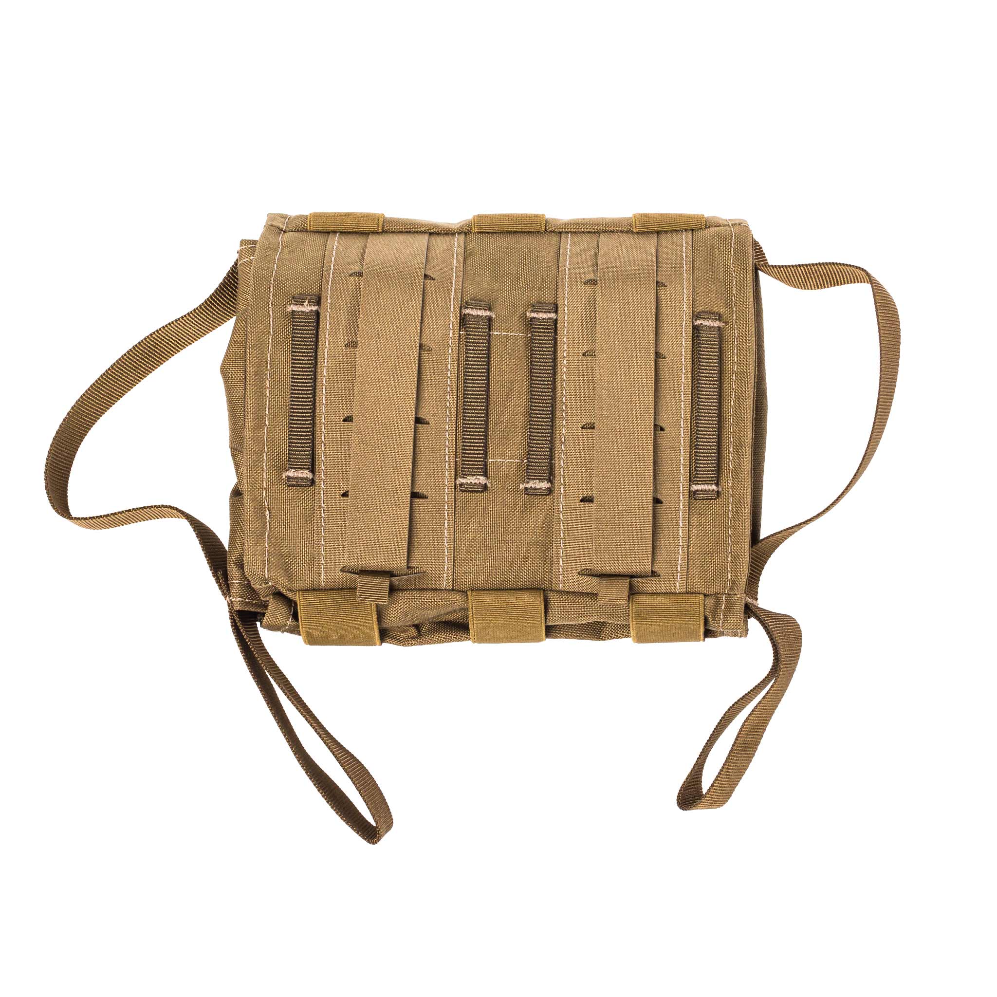 Taktische, braune Airsoft-Tasche mit MOLLE-Befestigungsschlaufen und Trageriemen.