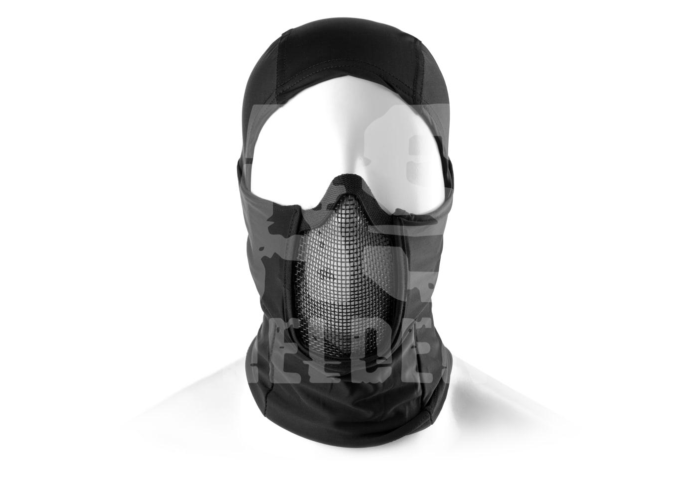 Schwarze Airsoft-Sturmhaube mit integriertem Mesh-Gesichtsschutz, ideal für Tarnung und Schutz im Spiel.