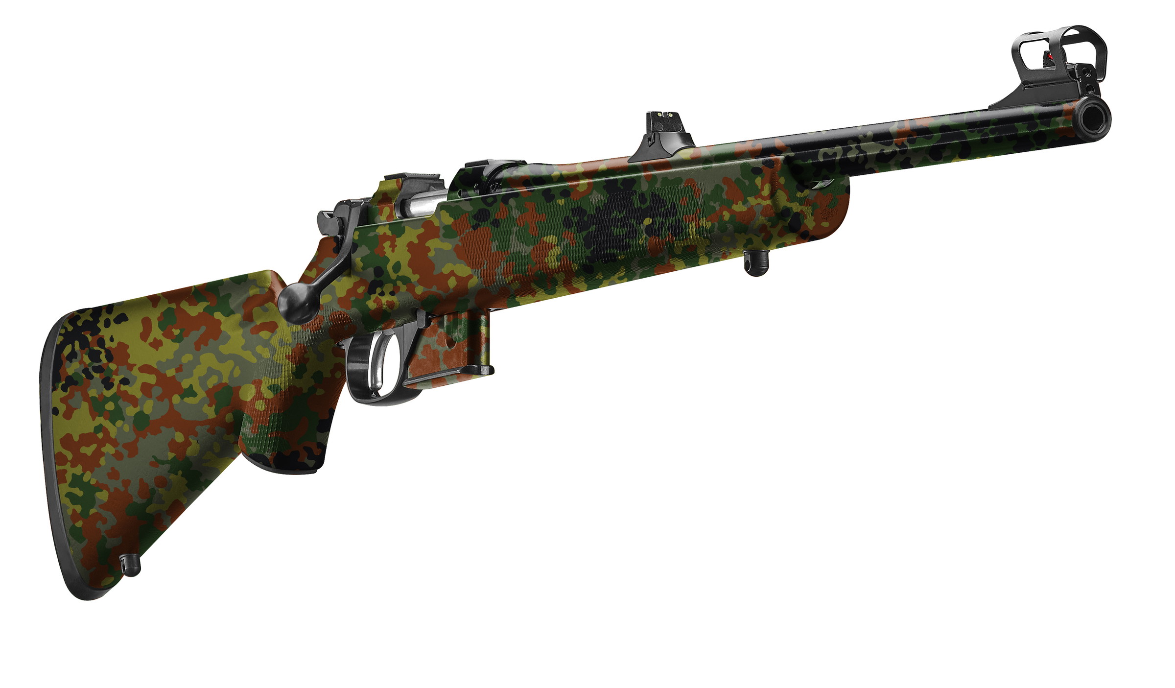 Airsoftgewehr mit Flecktarnmuster, seitlich dargestellt, schwarze Details.