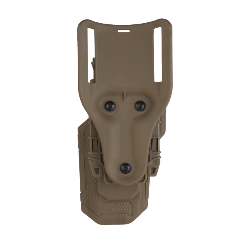 Taktisches Pistolenholster in Coyote-Farbe mit Befestigungssystem für Airsoft-Ausrüstung.