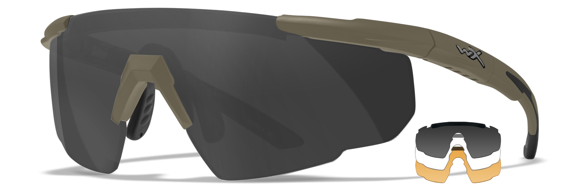 Sonnenbrille mit Wechselgläsern, dunkle und helle Linsen, braune Bügel, sportliches Design.