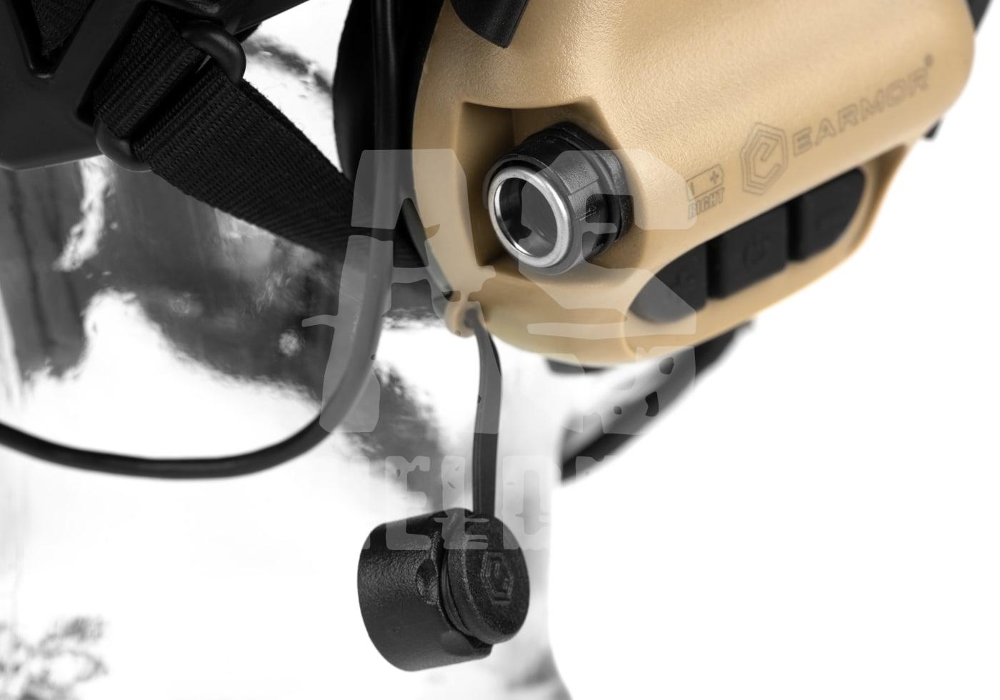 Taktisches Headset mit Mikrofon, beige, schwarzes Band, für Airsoft-Kommunikation.