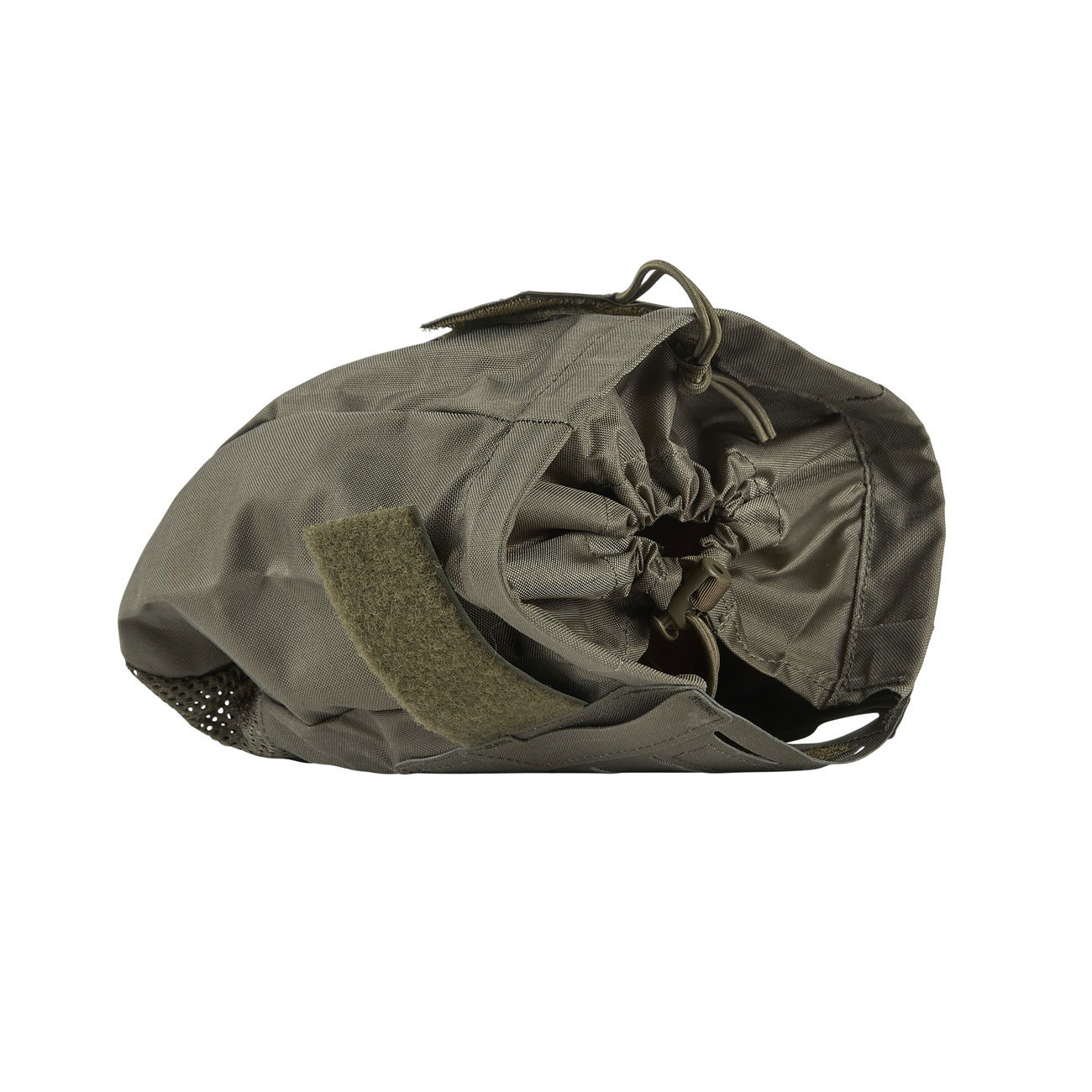 Olivegrüne, offene Airsoft-Tasche mit Kordelzug und Klettverschluss. Ideal für Zubehör und leichten Zugang.