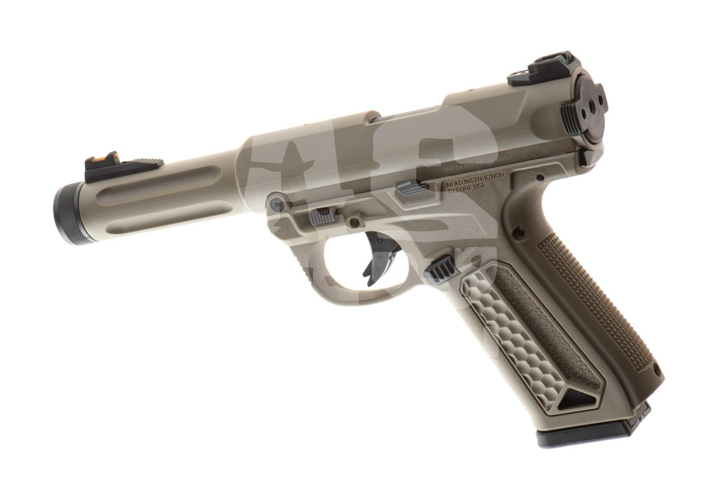 Gaspistole für Airsoft in Tan-Farbe, mit strukturiertem Griff und langem Lauf, seitliche Ansicht.