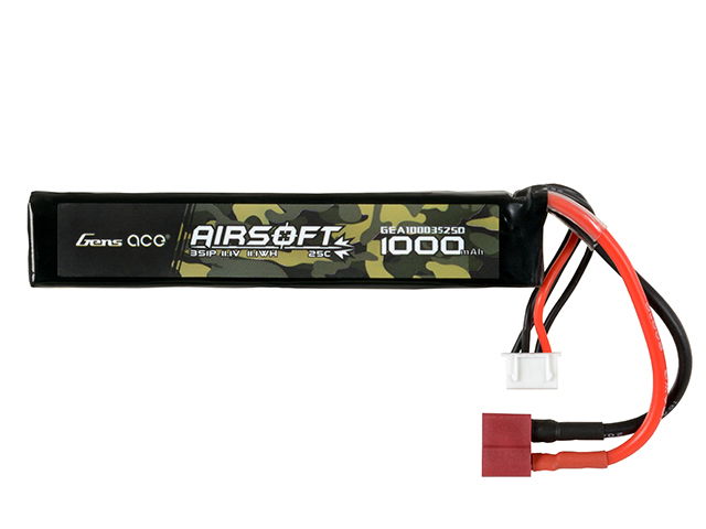LiPo-Batterie für Airsoft, 11.1V, 1000mAh, mit roten und schwarzen Anschlusskabeln.