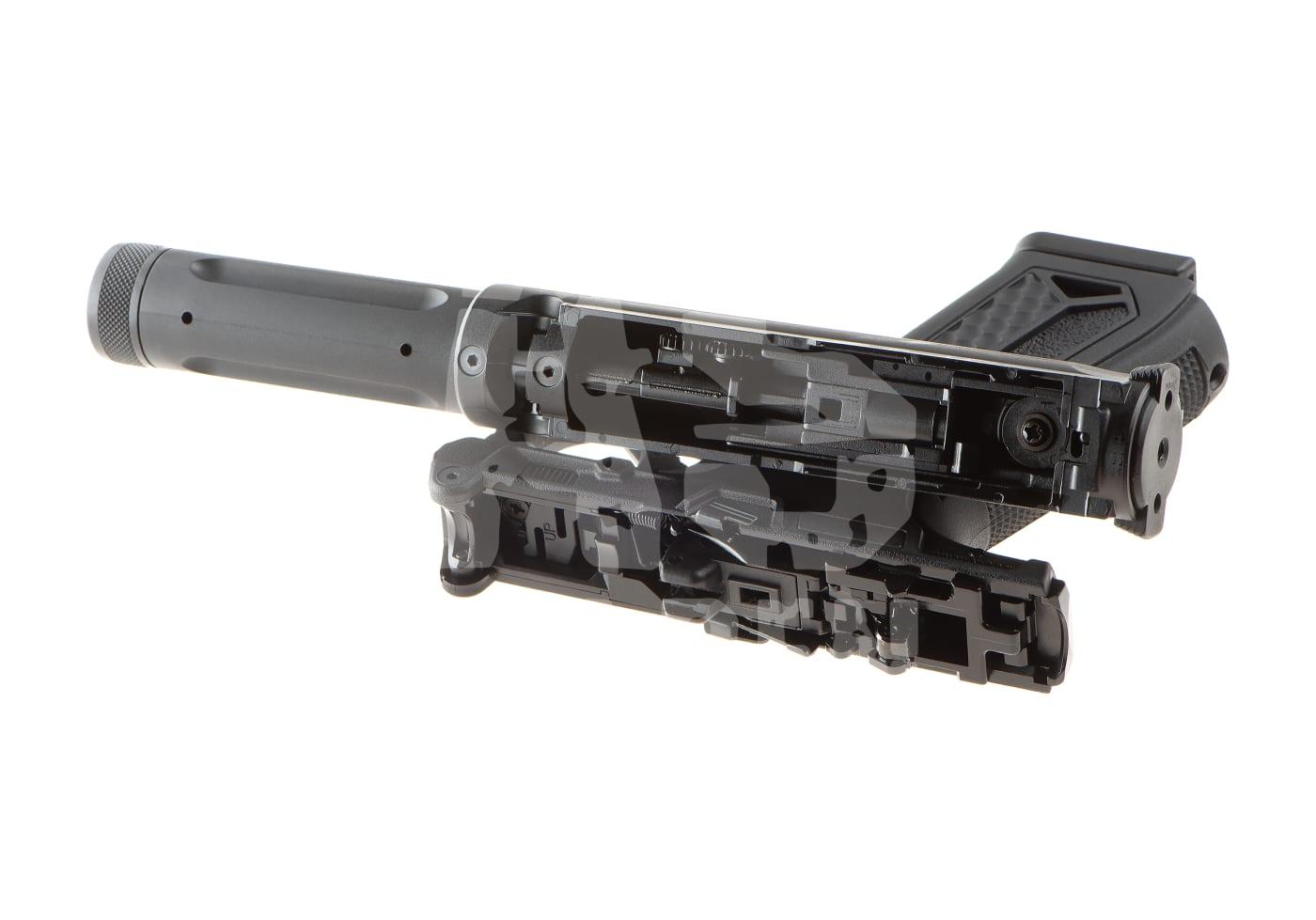 Geöffnete Airsoft-Kolbenschaft-Einheit mit interner Mechanik, in schwarz-grauem Design.