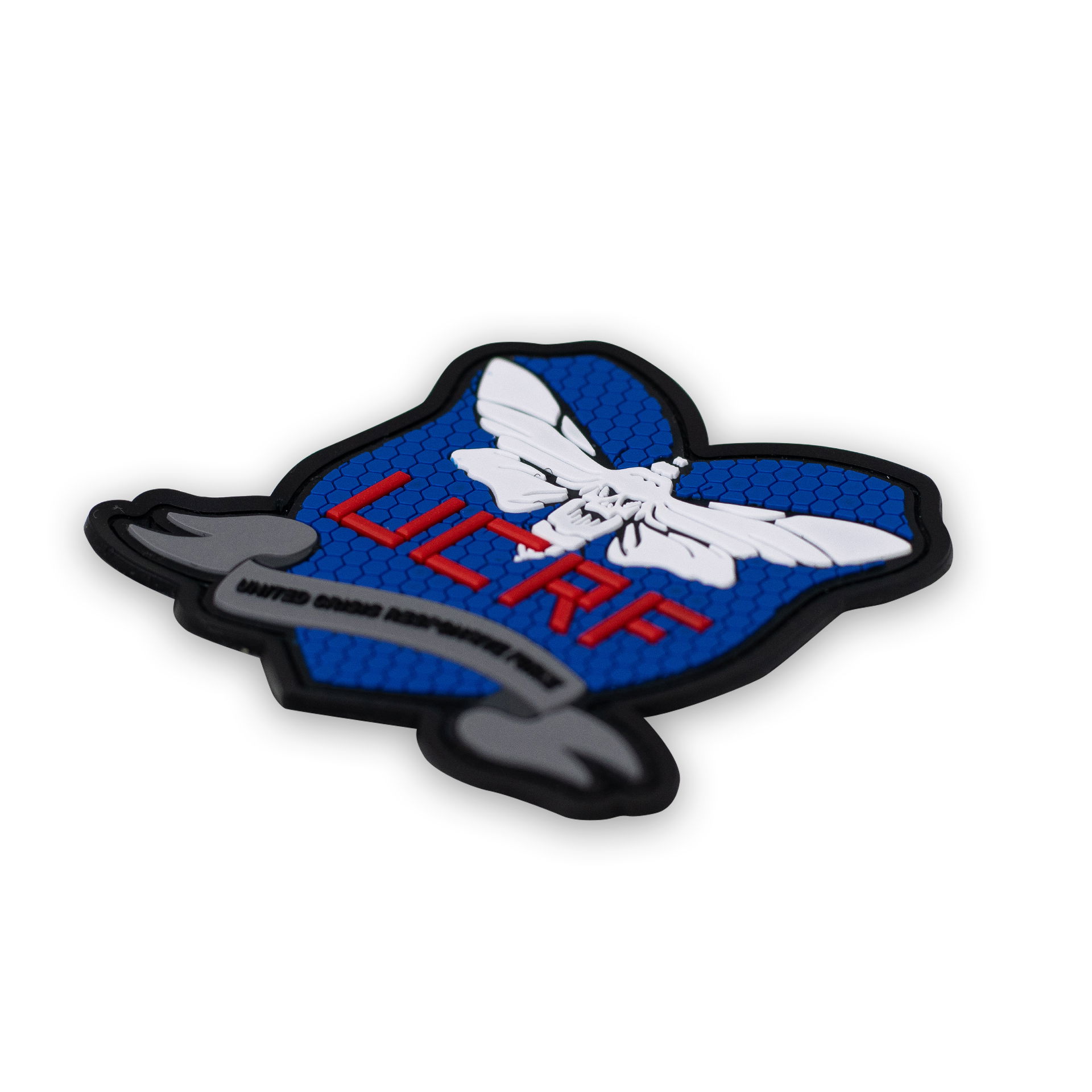 Light Sim - UCRF Schildpatch Blauer Airsoft-Patch mit weißer Motte und rotem Schriftzug "UCRF" auf hexagonalem Hintergrund.