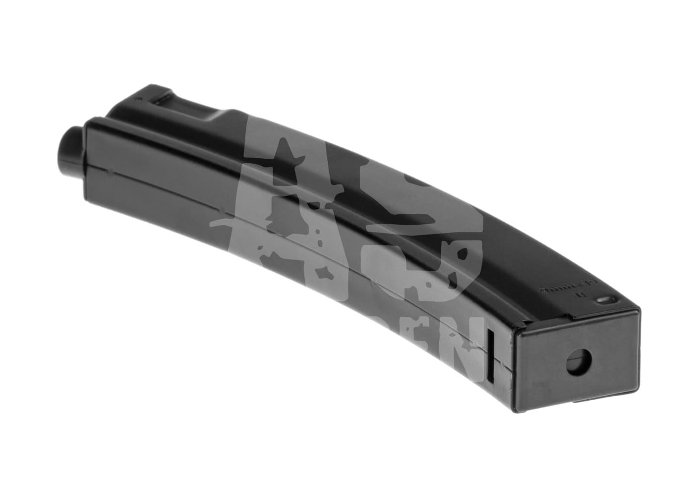 Schwarzes Airsoft-Magazin für Repliken, seitlich gezeigt. Ideal für Airsoft-Enthusiasten.