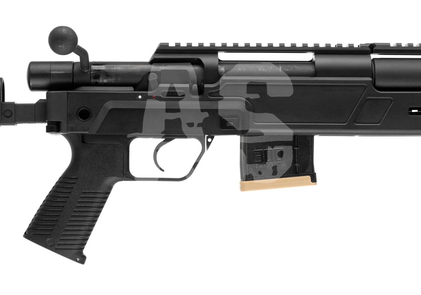 Archwick B&T SPR 300 Pro 2.8J - ab 18 Jahren Airsoft-Snipergewehr mit taktischem Schaft und Zielfernrohrschiene in seitlicher Ansicht.