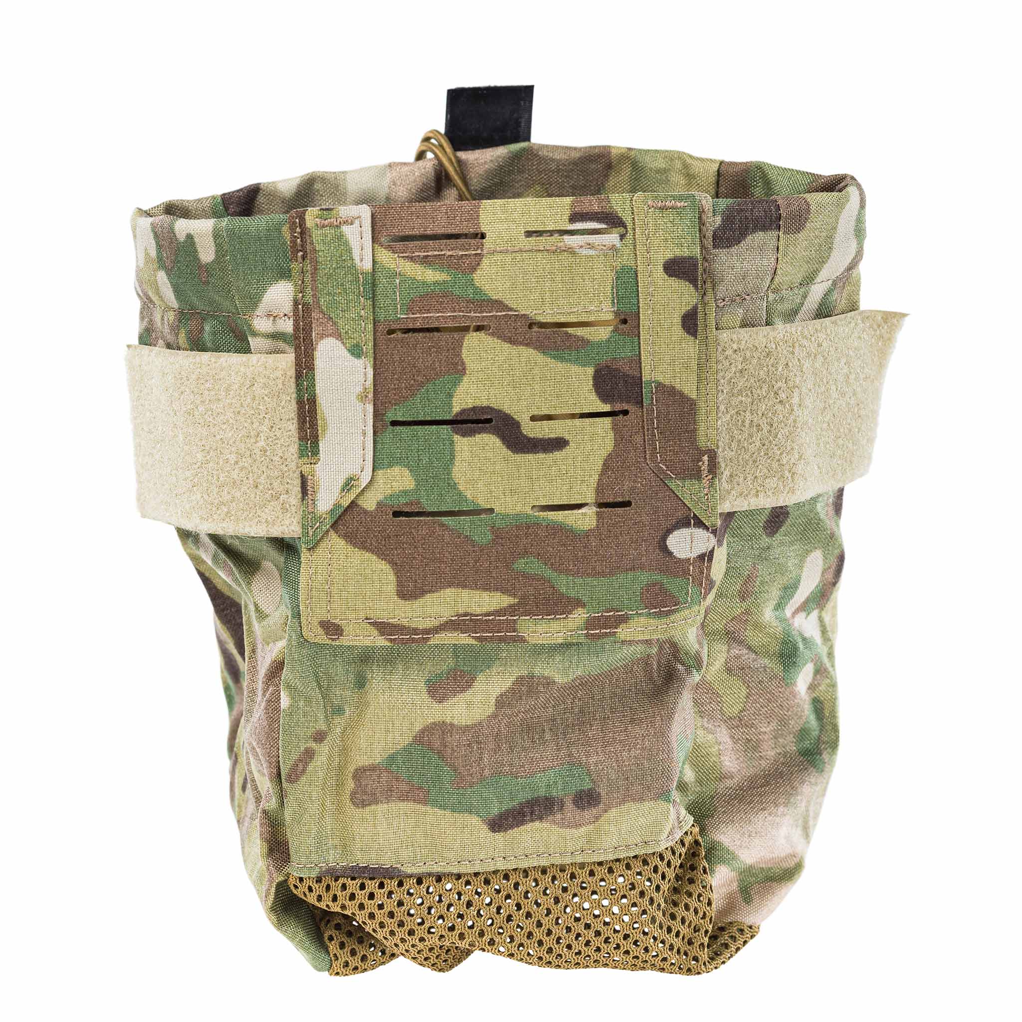Molle-Mehrzwecktasche in Multicam mit Netzboden und Klettverschluss für Airsoft-Zubehör.