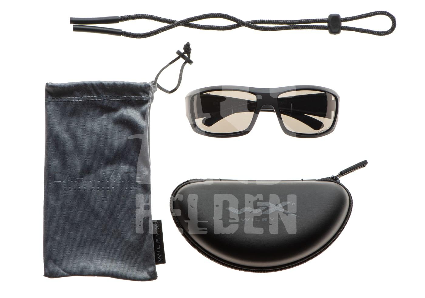 WX Omega Captivate Polarized Grey Sonnenbrille mit Etui, Stoffbeutel und Trageband, ideal für Airsoft-Schutz und Stil.