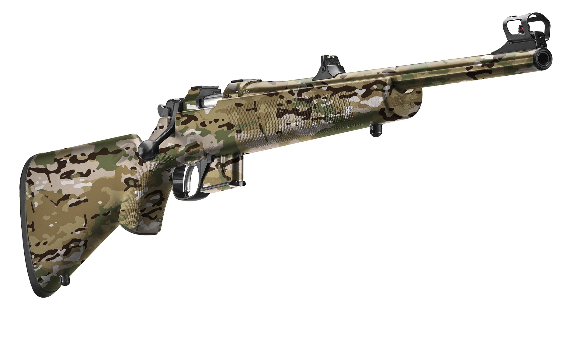 Tarnfarbenes Airsoft-Gewehr mit Zielfernrohr und Texturdetails, Seitenansicht.