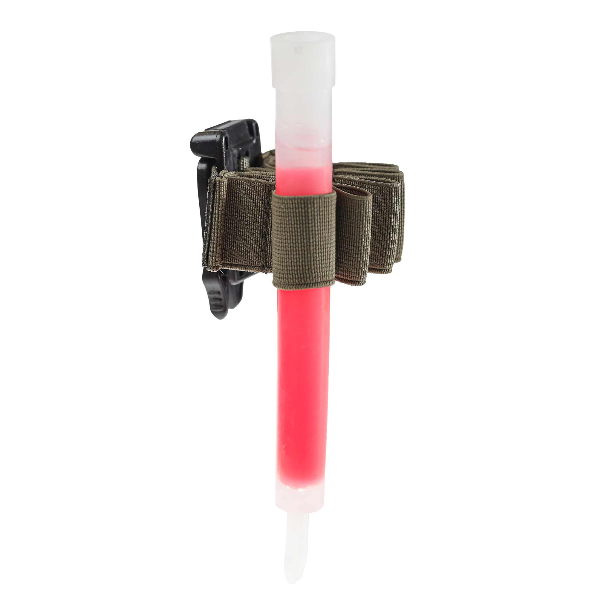 Roter Leuchtstab in Halterung mit Clip, olivgrüne Befestigung für taktisches Zubehör.