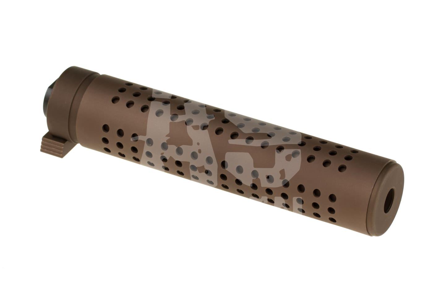 Brauner Airsoft-Suppressor mit perforiertem Gehäuse, seitliche Schraubbefestigung.