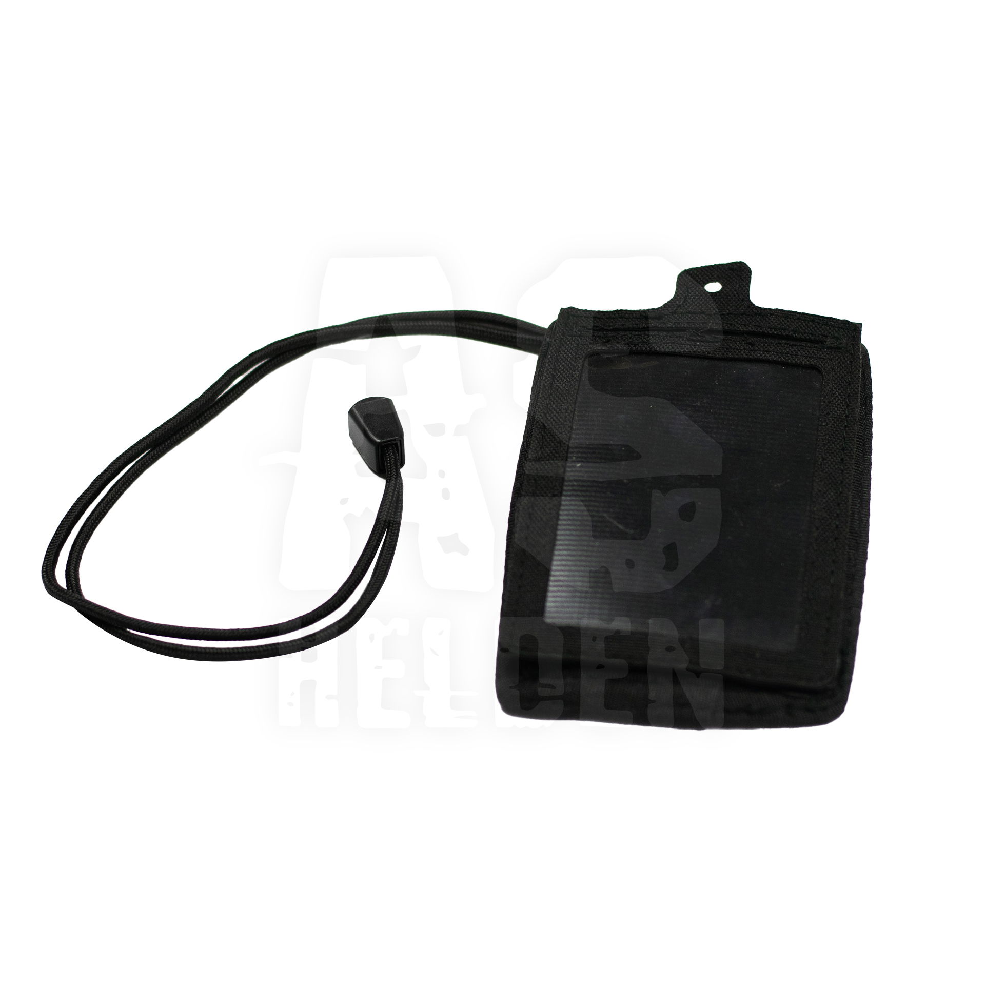 Schwarzes Ausweishülle mit Sichtfenster und Umhängeband, ideal für Airsoft.