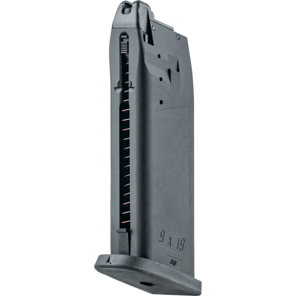 Airsoft-Pistolenmagazin, schwarz, mit sichtbarer Feder, Kaliberkennzeichnung "9x19".