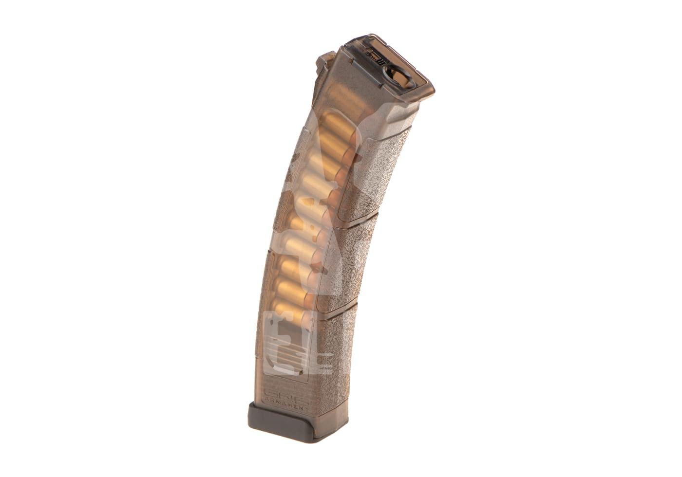 Transparenter Airsoft-Magazin mit sichtbaren Patronen, leicht gebogen.