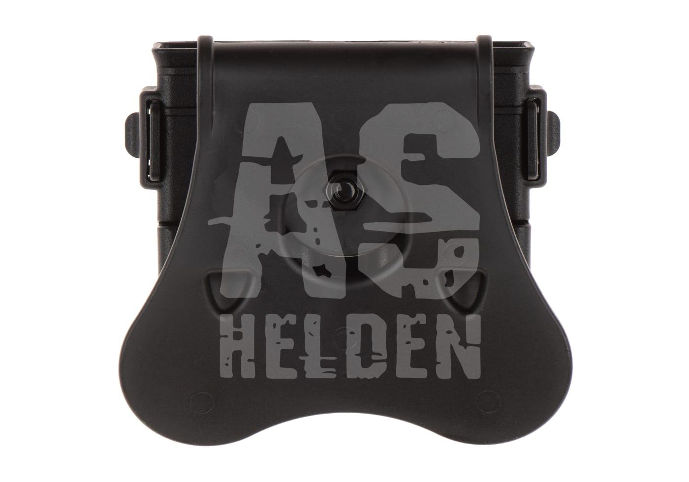 Schwarze Halterung für Airsoft-Equipment, kompakt und robust im Design.