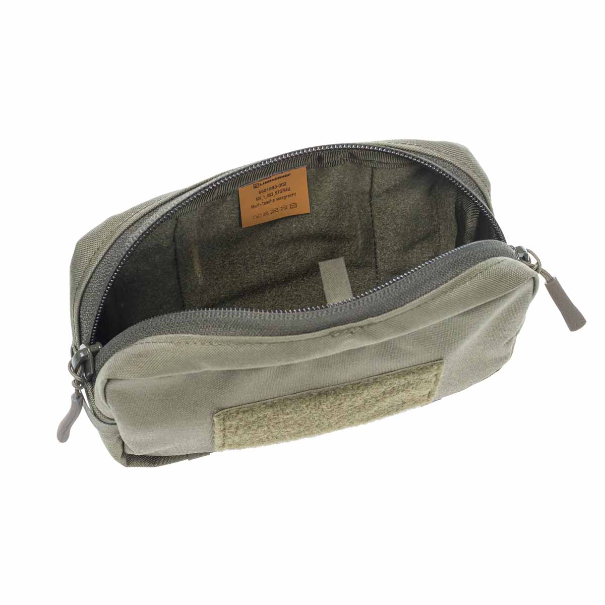 Olivegrüne taktische Tasche mit Reißverschluss und Klettverschlussfach, geöffnet von oben.