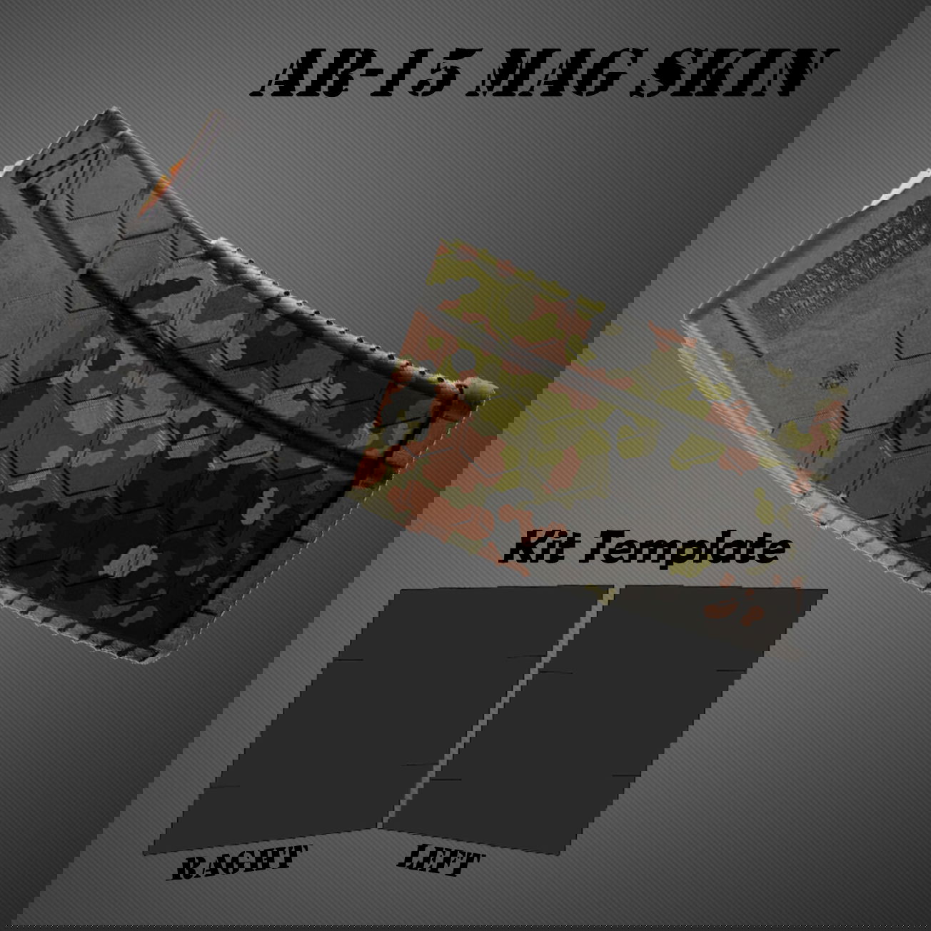 AR-15 Magazin mit Tarnmuster-Skin, Kit-Vorlage für individuelle Anpassung, schraffierter Hintergrund.