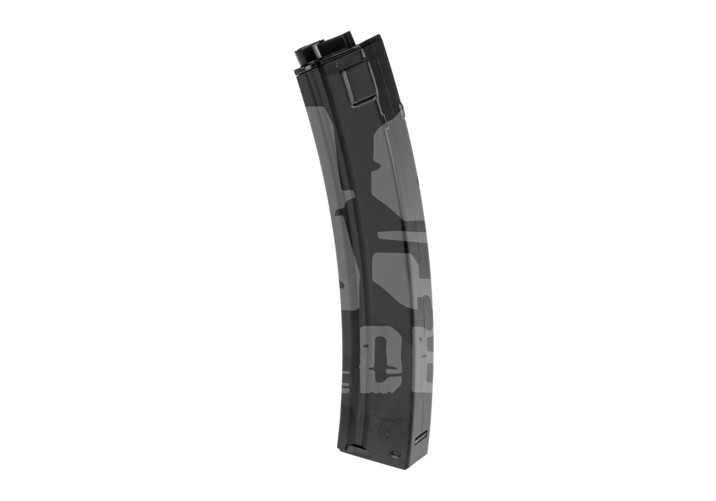 Schwarzes Airsoft-Magazin mit Tarnmuster, Kurvenform, für automatische Gewehre.