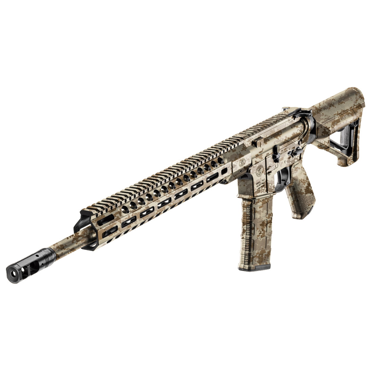 Airsoft-Gewehr mit Tarnmuster, langer Schiene und Mündungsfeuerdämpfer, geeignet für taktische Spiele.