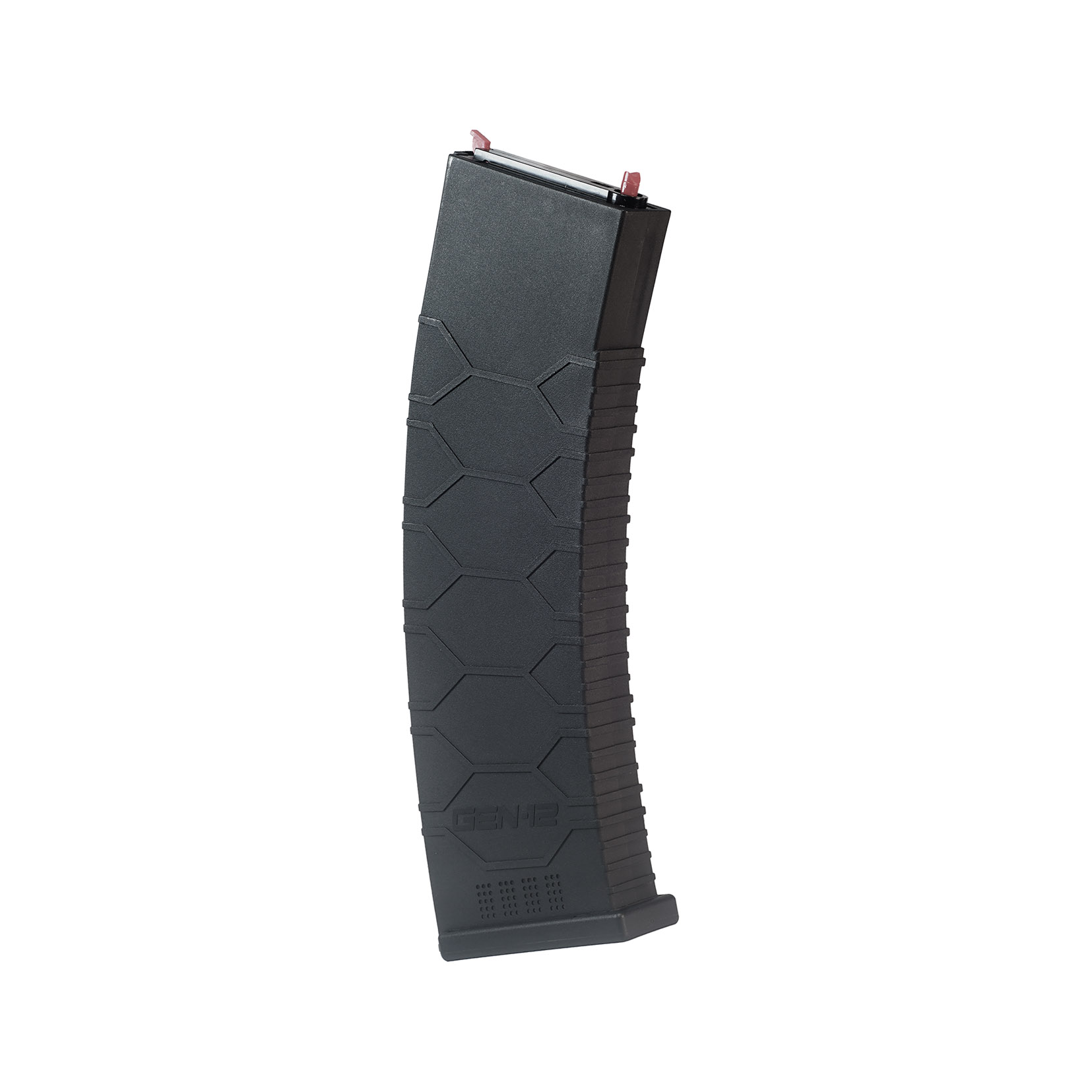 Wolverine Airsoft TTI JW4 Dracarys Gen-12 MTW Shotgun Magazin 140 rds Schwarzes Airsoft-Magazin mit hexagonalem Muster, leicht gebogen.