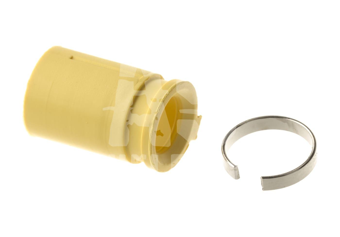 Zylinderkopf für Airsoft-AEGs, gelber Kunststoff mit silbernem Metallclip, seitlich dargestellt.