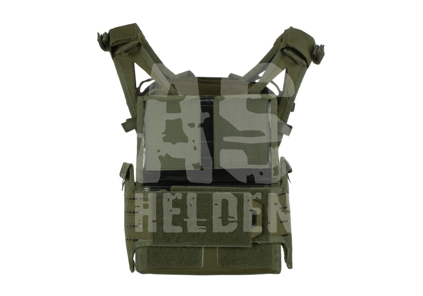 Taktische Weste in Olivgrün, verstellbar und mit Molle-System, ideal für Airsoft-Spiele.