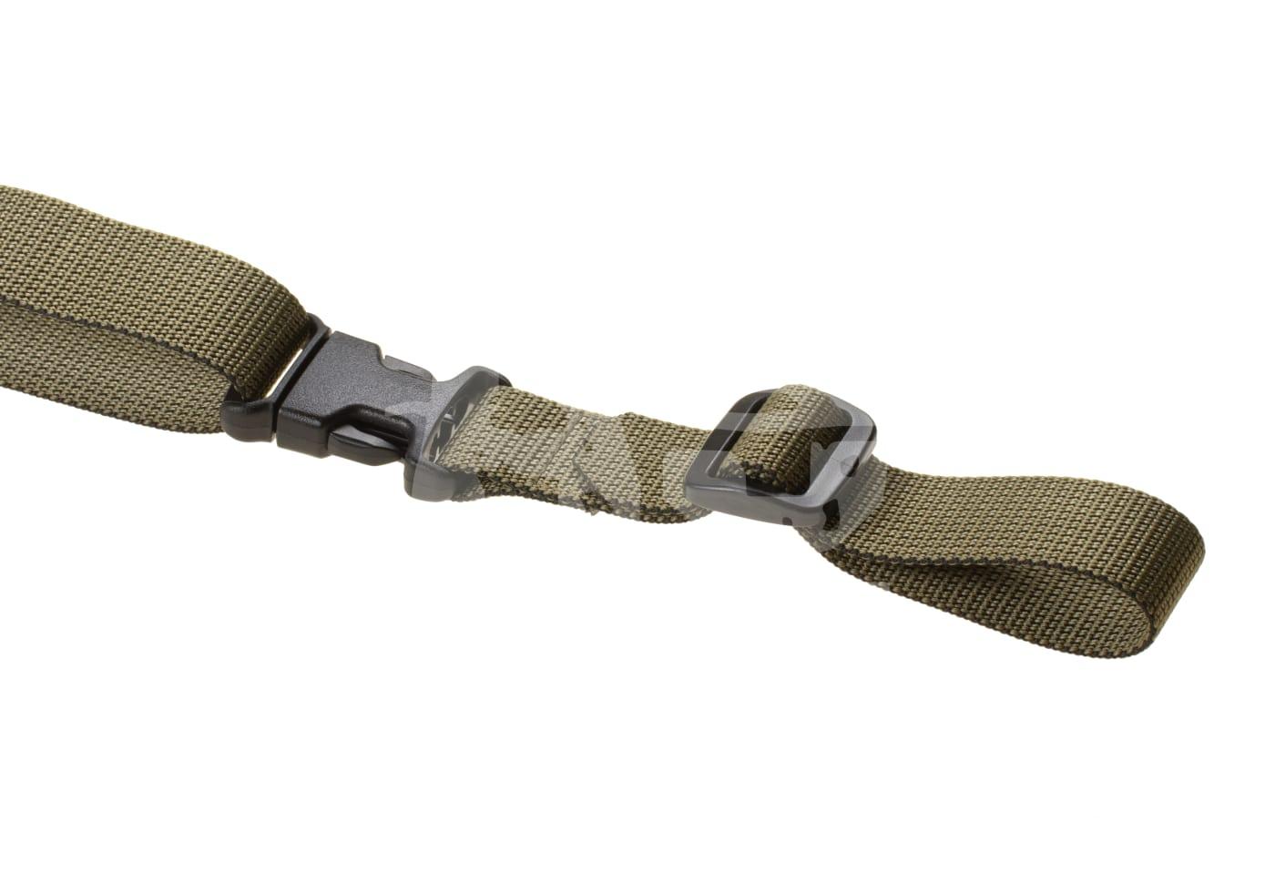 Olivegrüner Nylonriemen mit schwarzer Kunststoffschnalle und Schlaufe für Airsoft-Ausrüstung.