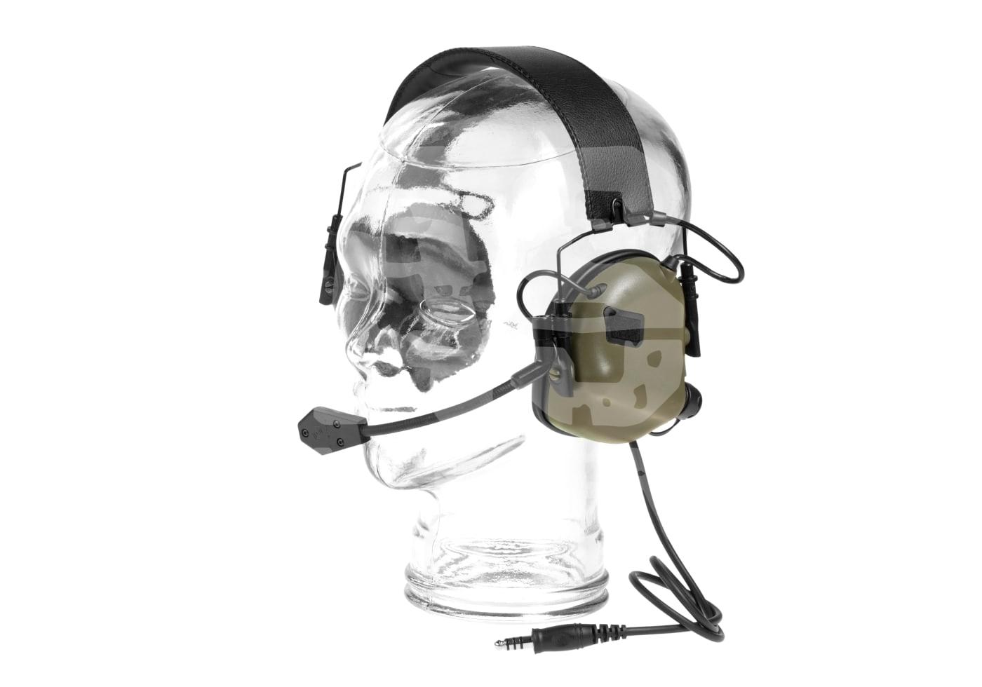 Taktisches Headset mit Mikrofon auf durchsichtigem Kopfdisplay, ideal für Airsoft-Kommunikation.