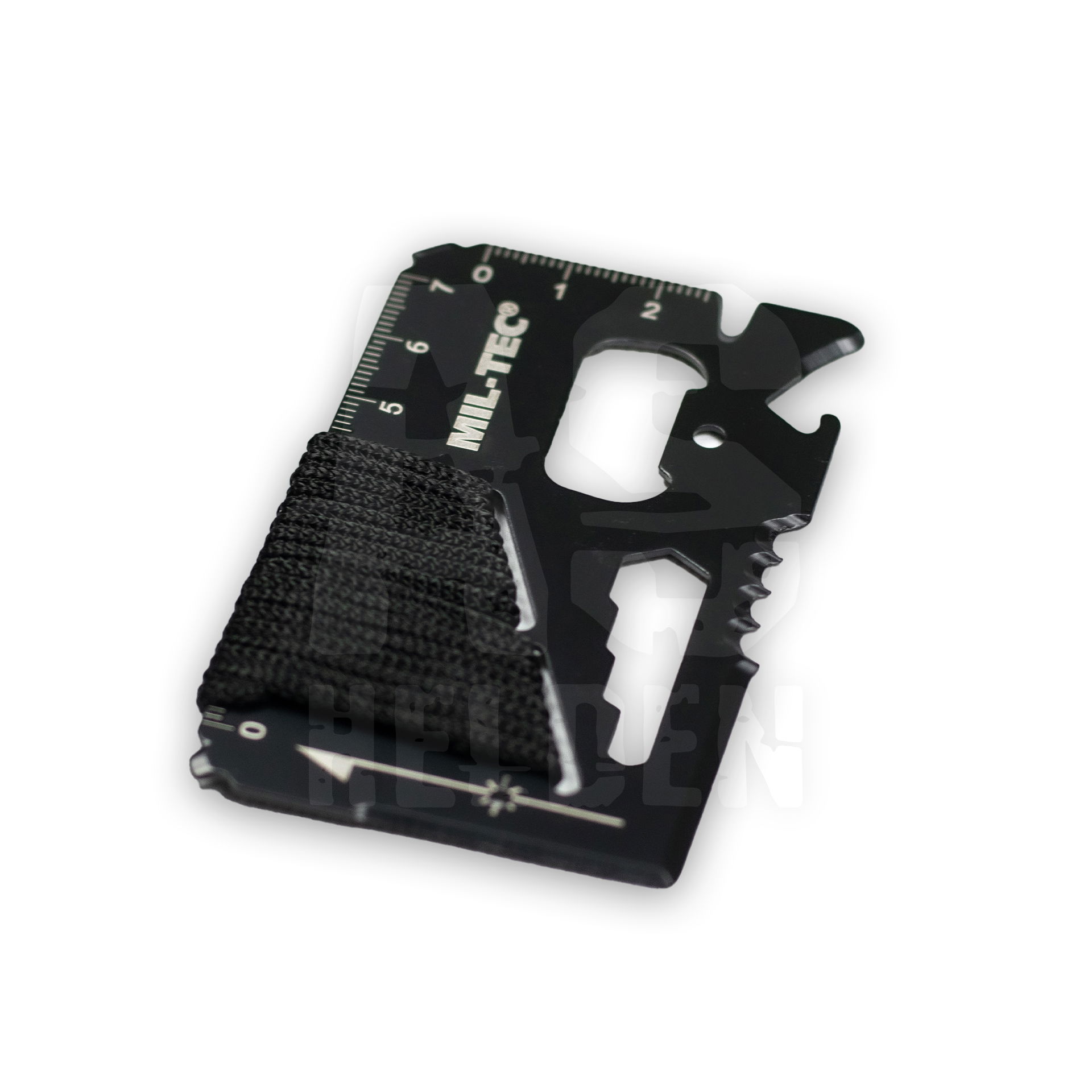 Schwarzes Multitool-Kartenmesser mit Lineal, Sägezahnung und Seilwicklung, ideal für Outdoor- und Survival-Einsätze.