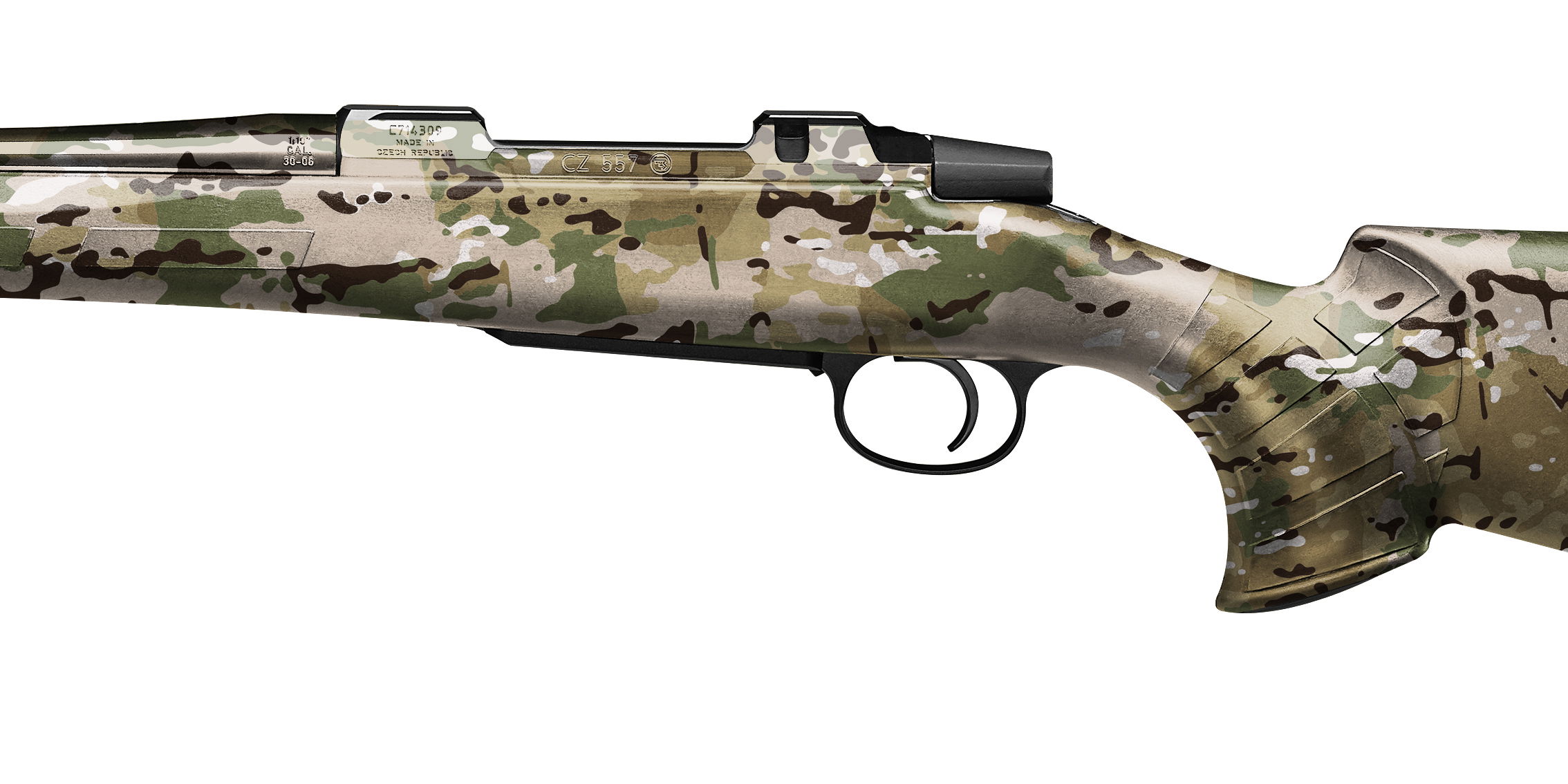 Camouflage Gewehrschaft mit ergonomischem Design, perfekt für Airsoft-Spiele.