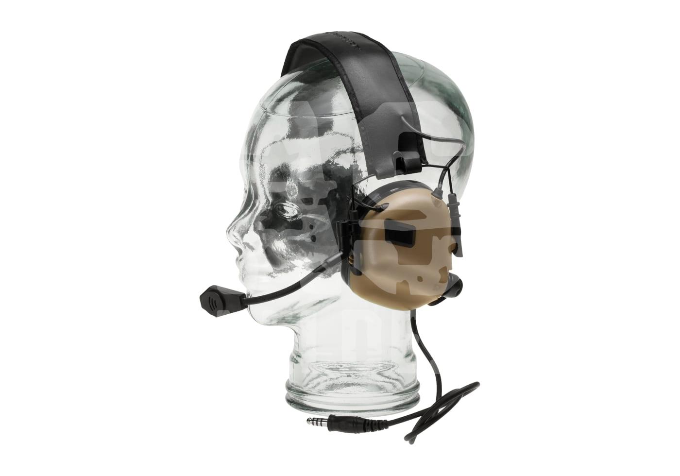 Taktisches Headset mit Mikrofon auf Glas-Display, ideal für Airsoft-Kommunikation.
