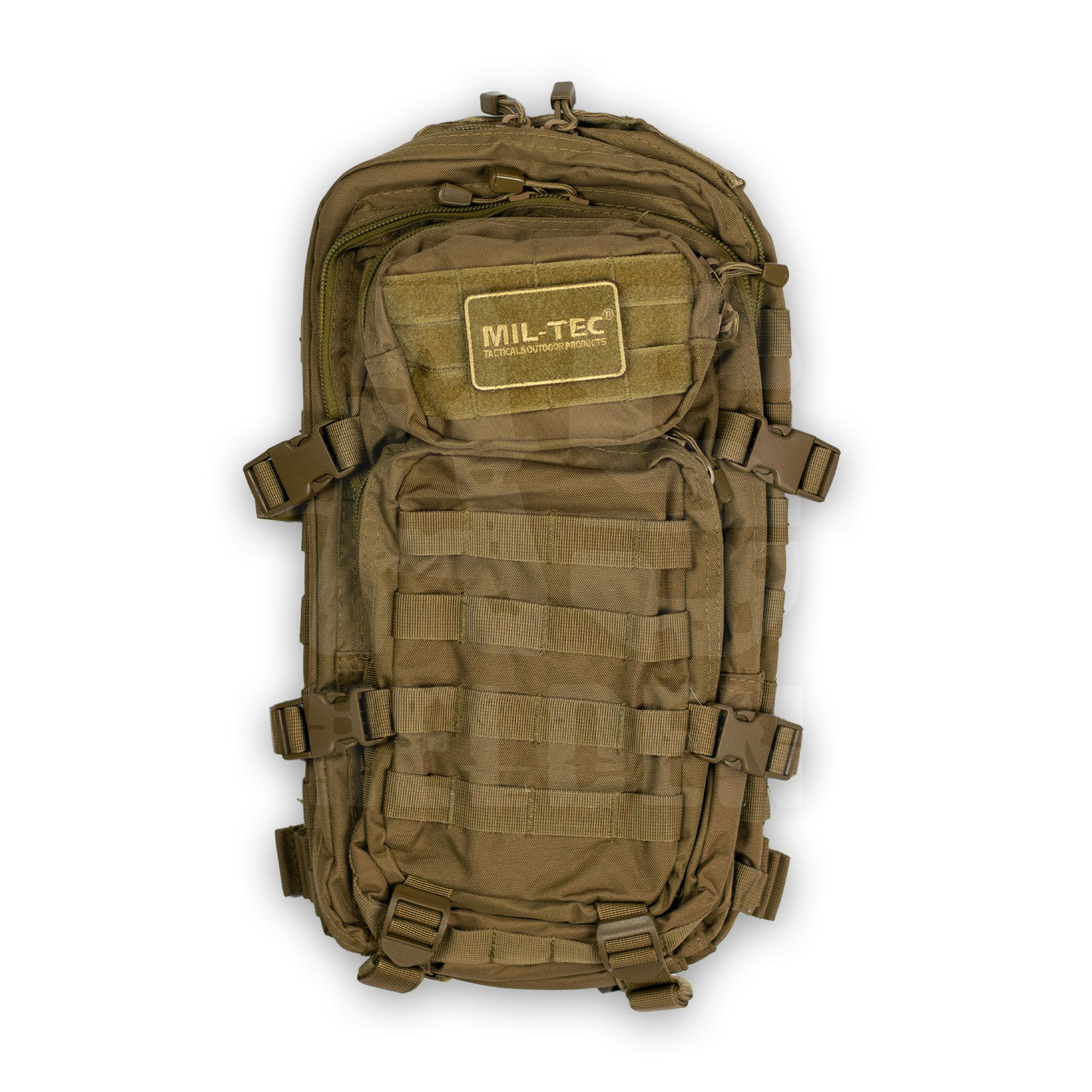 Taktischer Rucksack in Olivgrün mit MOLLE-System und "MIL-TEC" Patch für Airsoft-Ausrüstung.