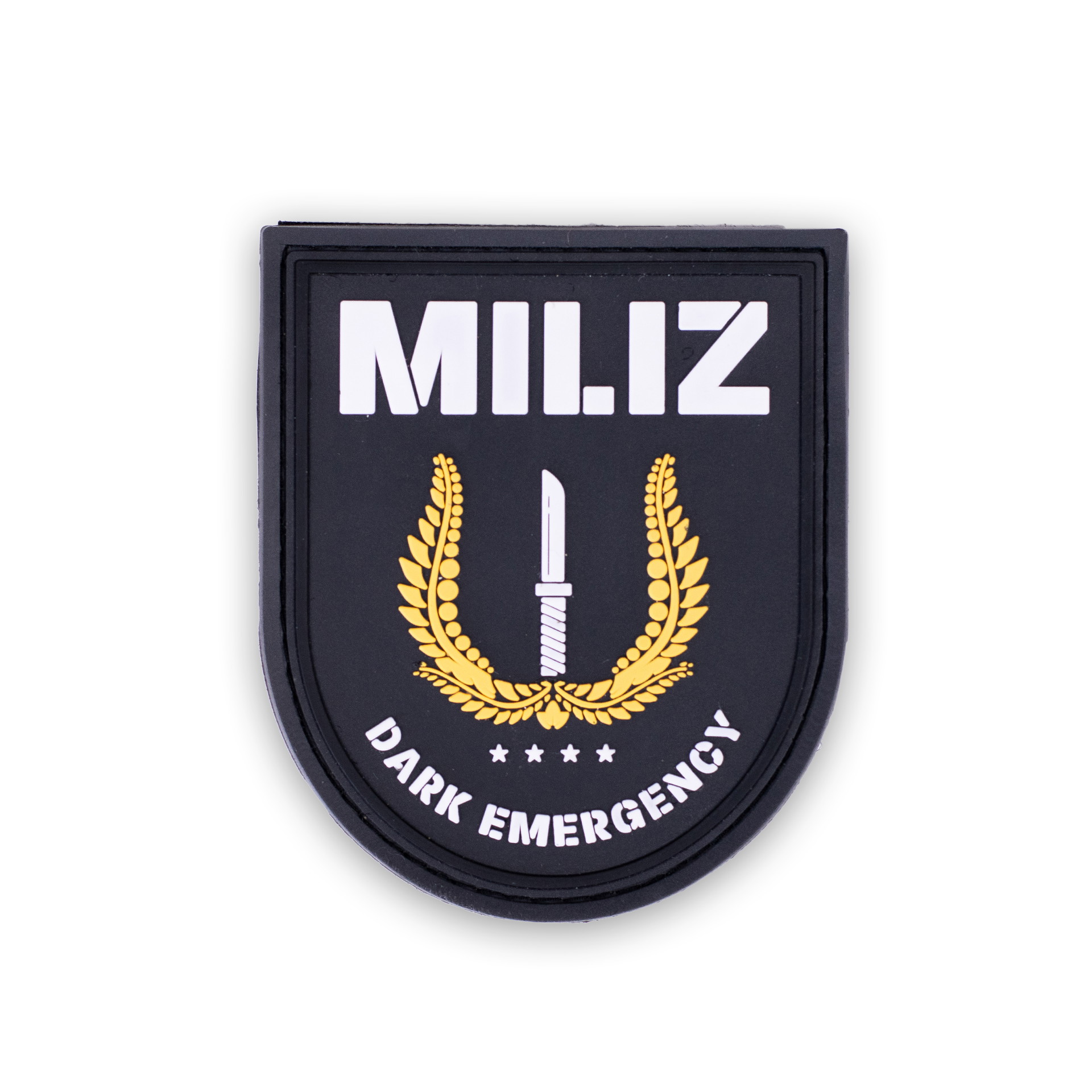 Airsoft-Patch mit "MILIZ" Text, Dolch und Lorbeerkranz, darunter "DARK EMERGENCY".
