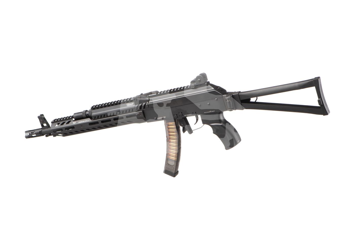 Airsoftgewehr mit transparentem Magazin und Klappschaft, geeignet für taktische Spiele.