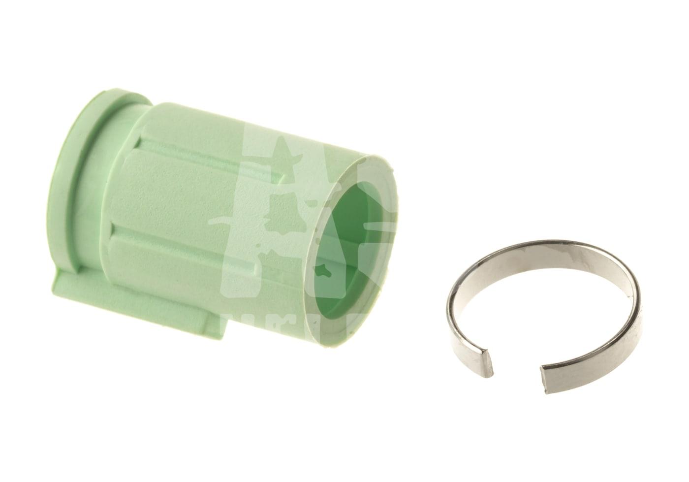Maple Leaf Autobot Hop Up Rubber 50° für VSR-10 & GBB Grüner Airsoft-Piston-Head mit silbernem Sicherungsring, Nahaufnahme.