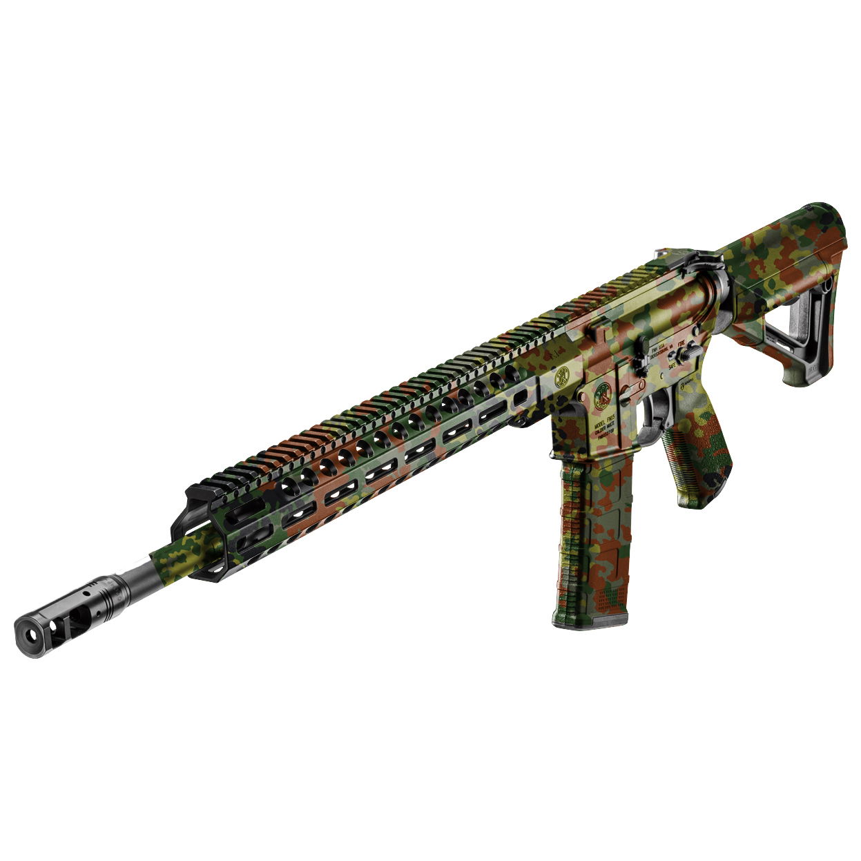 Airsoft-Gewehr in Tarnfarbenoptik, modernes Design mit langem Vorderschaft und taktischen Details.