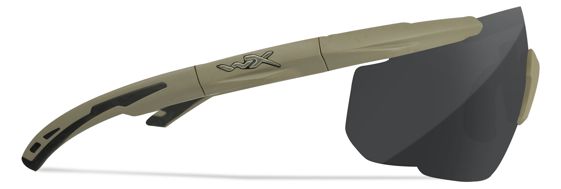 Sandschutzbrille mit getönten Gläsern und beige-schwarzem Rahmen, ideal für Airsoft-Einsätze.