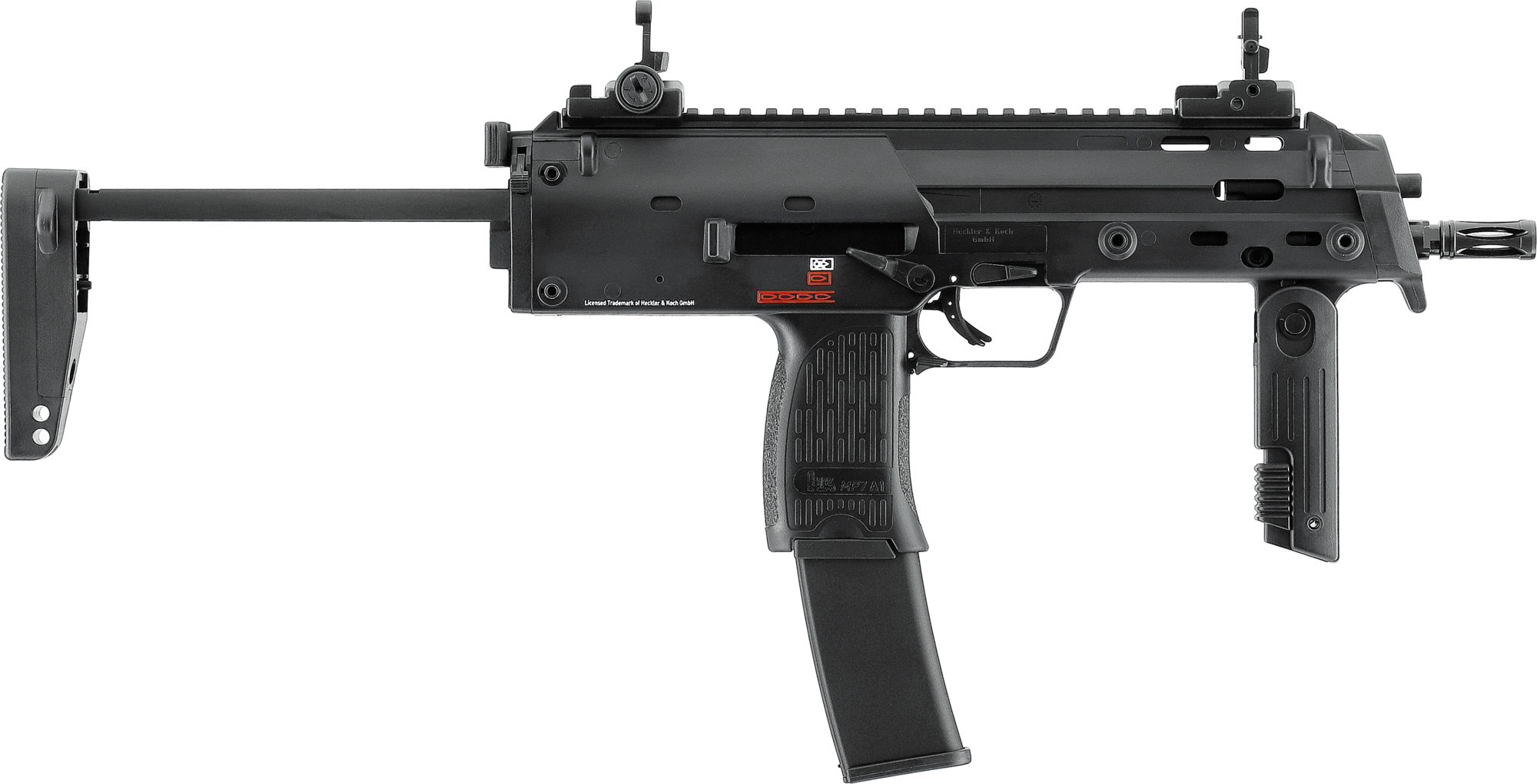 Airsoft MP7A1 Maschinenpistole, schwarz, mit ausziehbarer Schulterstütze und taktischen Rails.