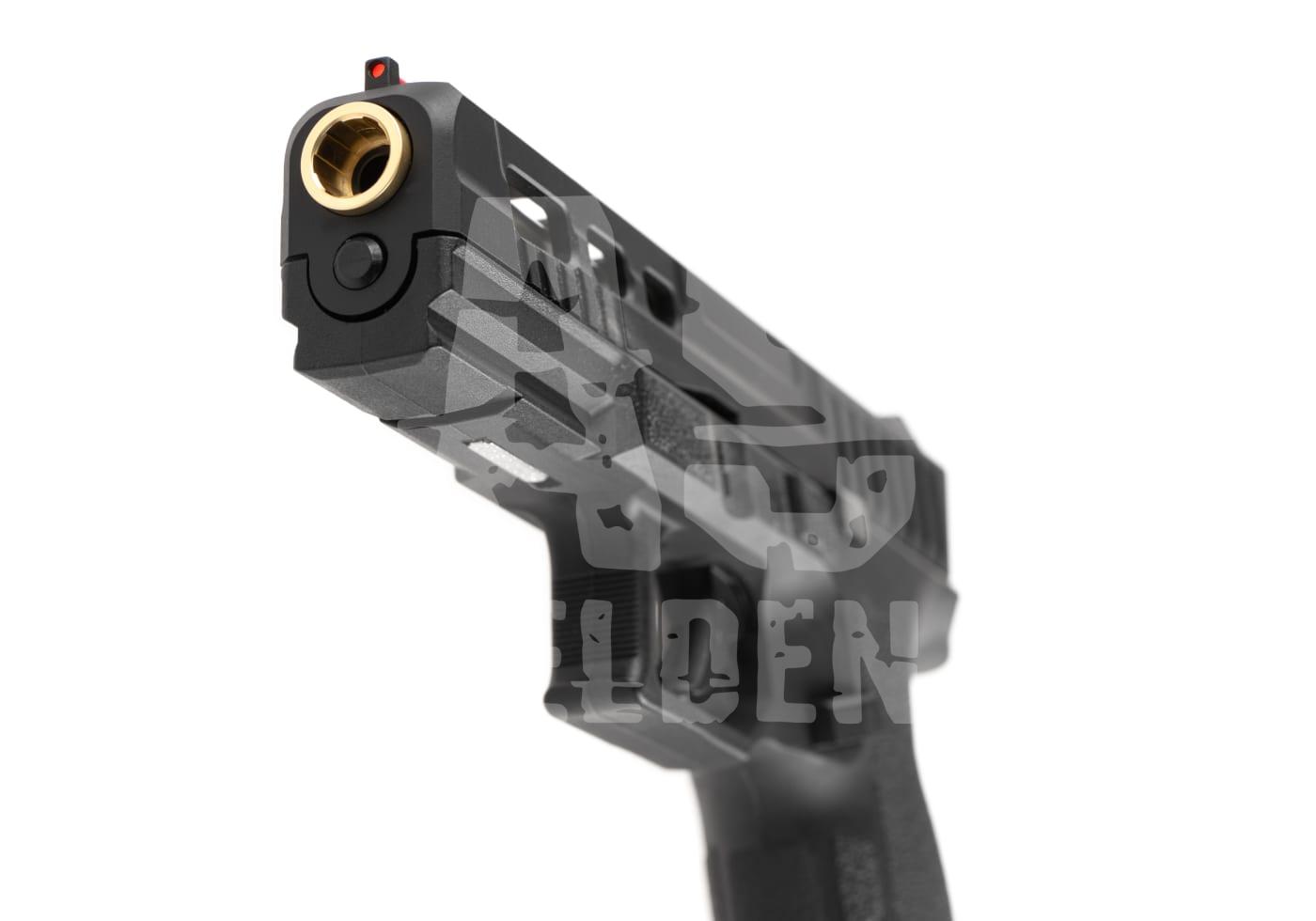 KJ Works KP-13 Custom Metal Version GBB - ab 18 Jahren Airsoft-Pistole mit goldfarbenem Lauf und roten Visierpunkten, Nahaufnahme.