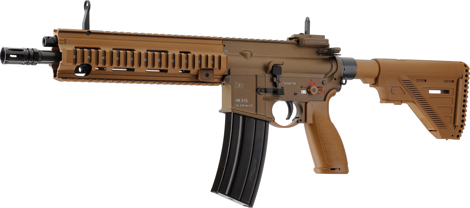 Airsoft-Gewehr HK 416, tan, mit RIS-Schienen, einstellbarer Schulterstütze und schwarzem Magazin.