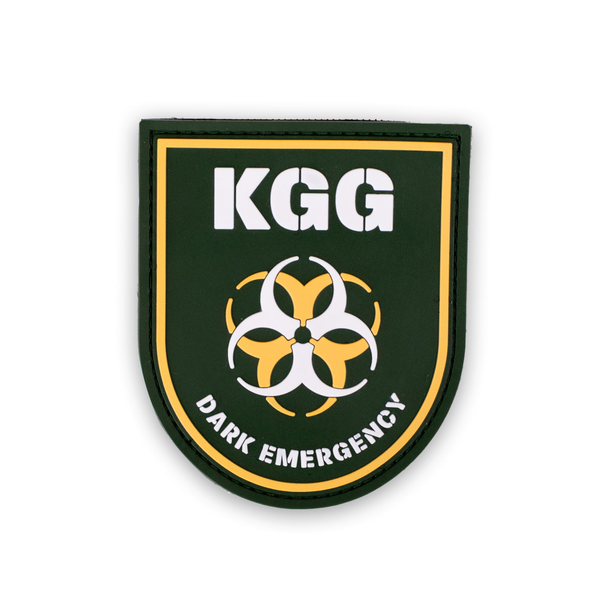 Grünes KGG-Patch mit Biohazard-Symbol und „Dark Emergency“-Schriftzug, gelbe Umrandung. Ideal für Airsoft.